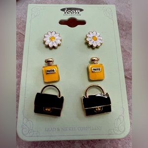 NWT Set/3 post earrings. Icon collection purse, perfume bottle & flowers.